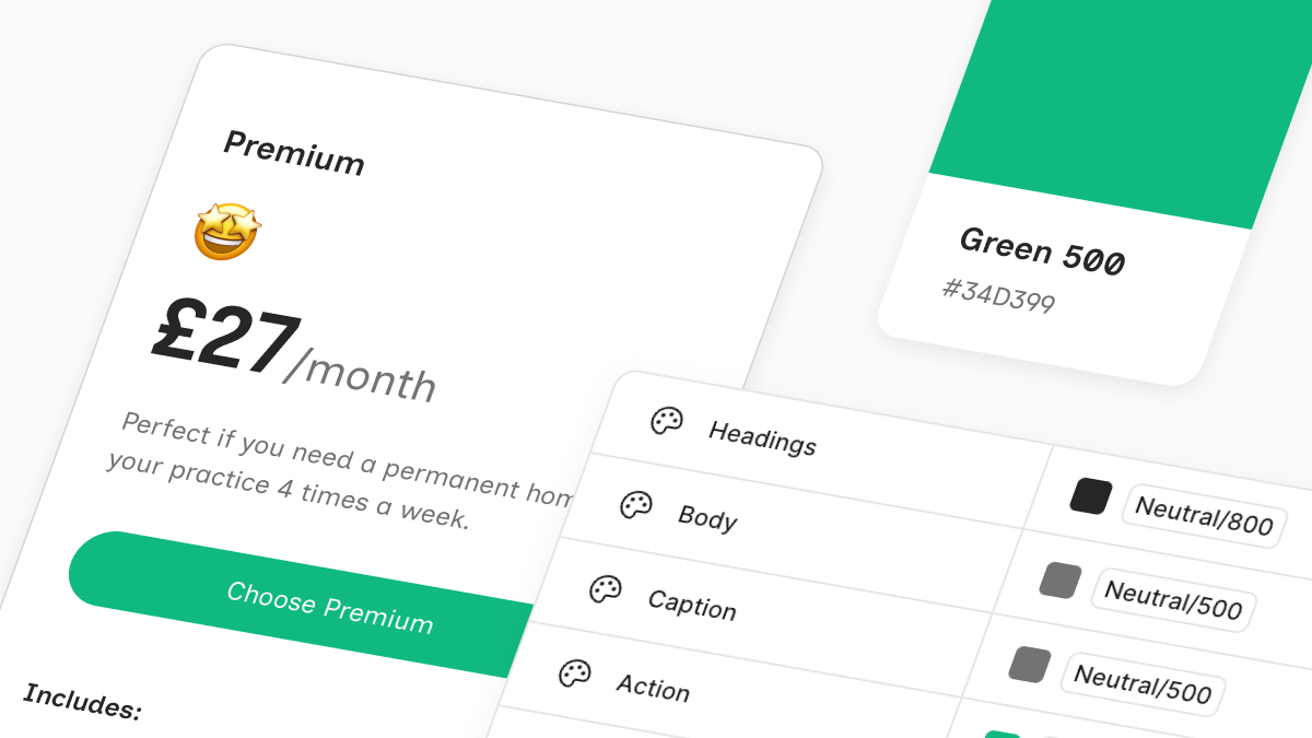 CLose up of design system components, Figma variables list, and green colour swatch.